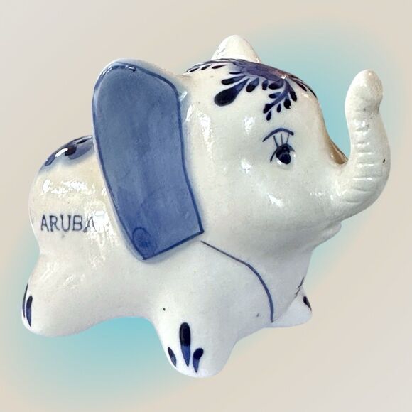 Delft Blue Handpainted Other - Aruba Souvenir Delft Blue Handpainted Ceramic Elephant Floral & Windmill Pattern